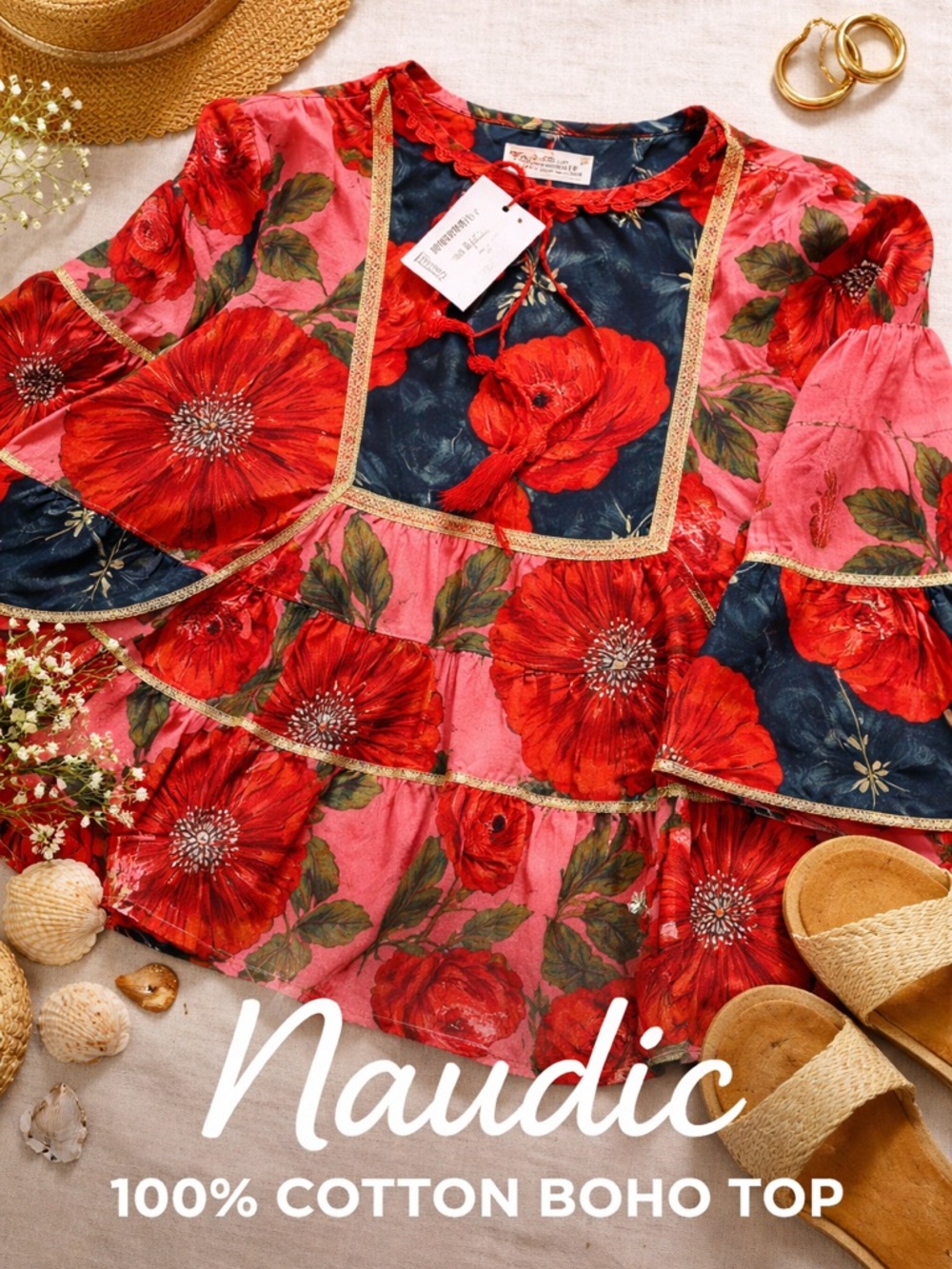 Naudic Belmont Top NWT L 100% Cotton Floral Boho Peasant Tassel